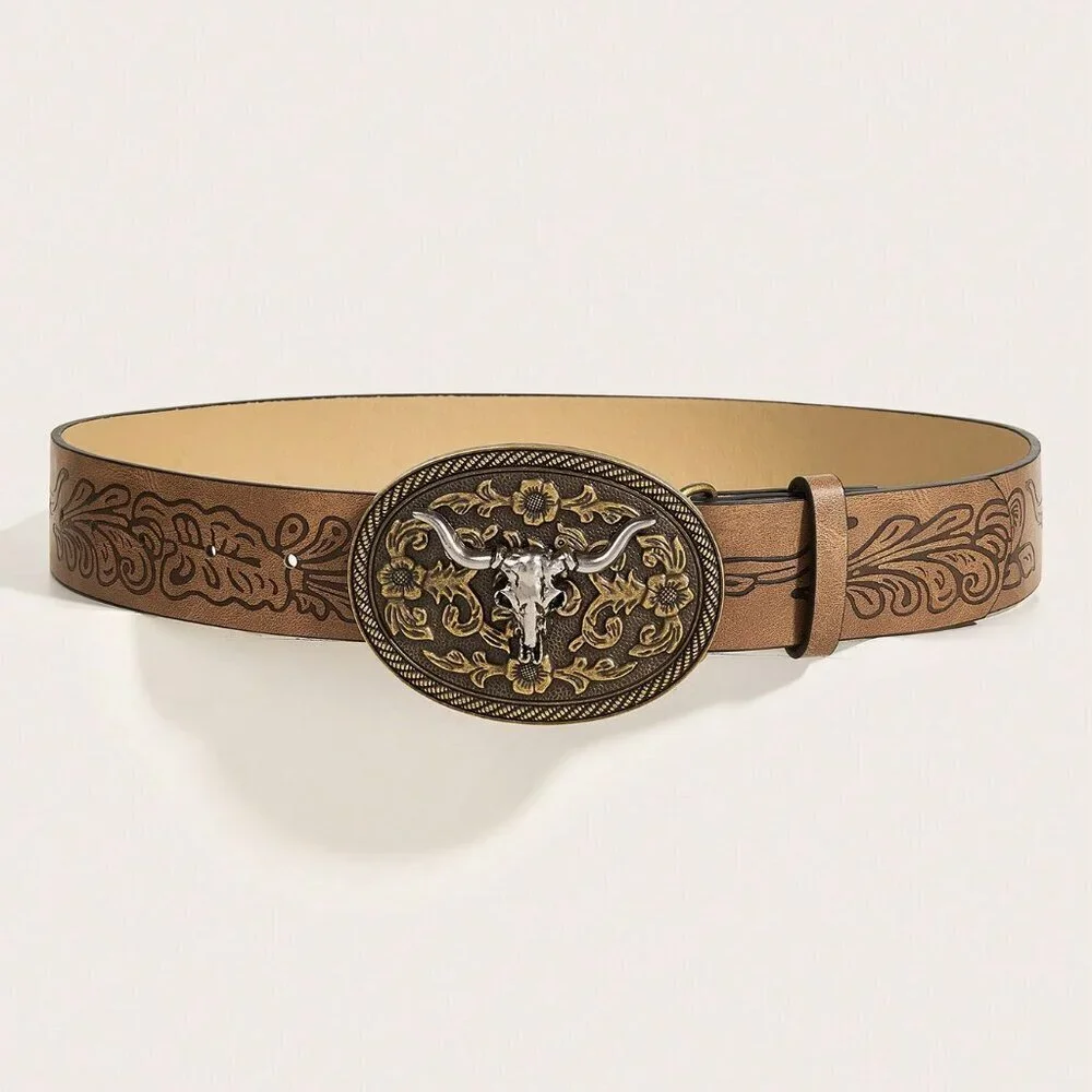 Brown Western Cowgirl Women's Buckle & Embossed Print Belt